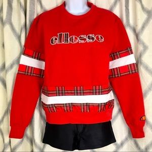 ELLESSE HERITAGE Golf Tartan Plaid Stripe Varsity Crewneck Sweatshirt Red Black